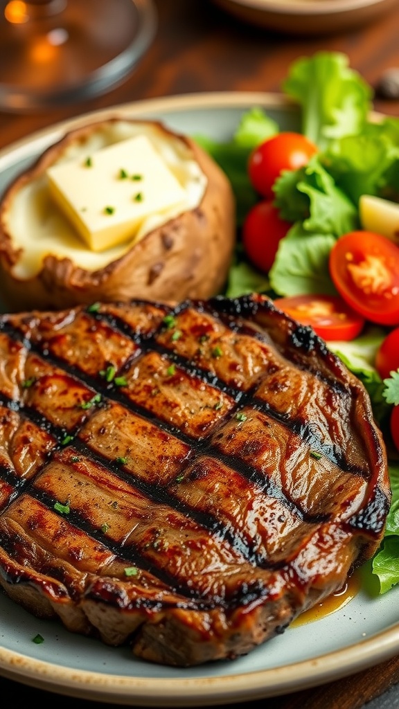 Sizzling Sims 4 Outback Steakhouse Recipe A delicious plate of grilled ribeye steak, baked potato, and fresh salad, inspired by Outback Steakhouse.